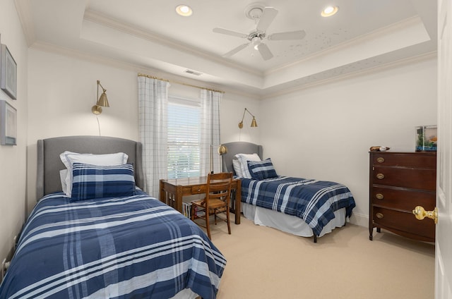 403 Butterfly Ct, Franklin, TN 37069 - bedroom with a tray ceiling, ornamental molding, carpet floors, ceiling fan, and recessed lighting
