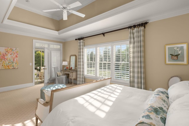403 Butterfly Ct, Franklin, TN 37069 - carpeted bedroom with crown molding, access to outside, a ceiling fan, a raised ceiling, and baseboards