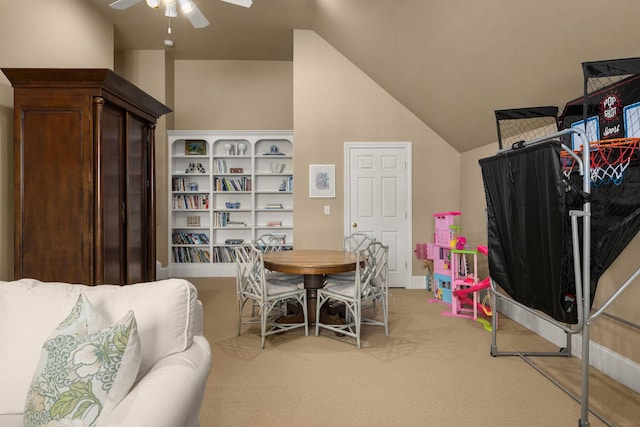 403 Butterfly Ct, Franklin, TN 37069 - dining area featuring a ceiling fan, light colored carpet, and vaulted ceiling