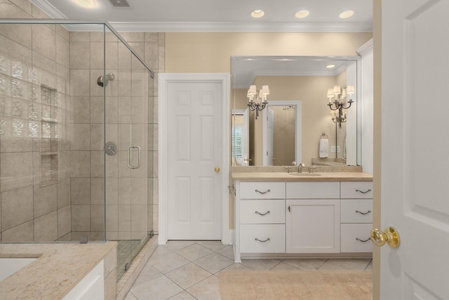 403 Butterfly Ct, Franklin, TN 37069 - full bathroom featuring tile patterned flooring, ornamental molding, vanity, a shower stall, and a chandelier