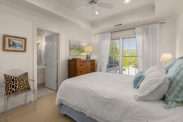 403 Butterfly Ct, Franklin, TN 37069 - bedroom with a raised ceiling, access to outside, light colored carpet, crown molding, and connected bathroom