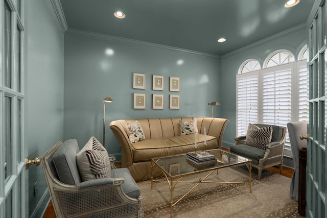 403 Butterfly Ct, Franklin, TN 37069 - living room featuring wood finished floors, baseboards, crown molding, and recessed lighting