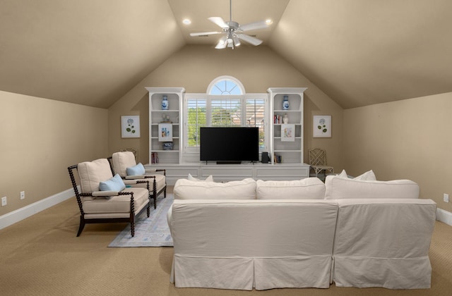 403 Butterfly Ct, Franklin, TN 37069 - living area with a ceiling fan, light carpet, lofted ceiling, and baseboards