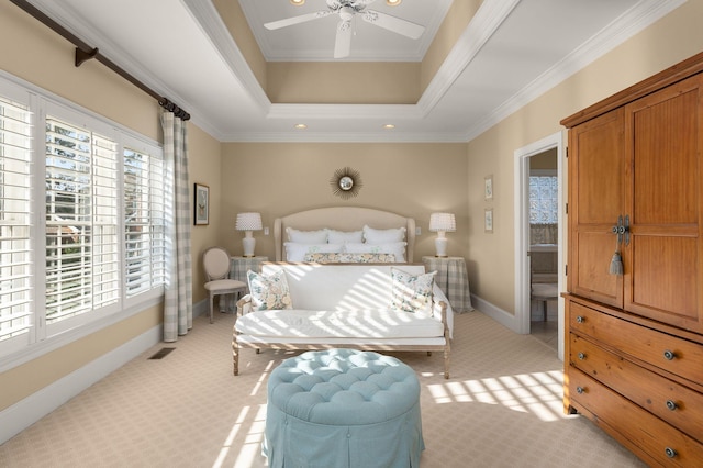 403 Butterfly Ct, Franklin, TN 37069 - bedroom with light colored carpet, baseboards, crown molding, ceiling fan, and a raised ceiling