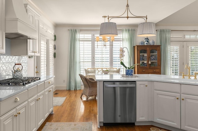 403 Butterfly Ct, Franklin, TN 37069 - kitchen with stainless steel appliances, a sink, premium range hood, tasteful backsplash, and light wood-style floors