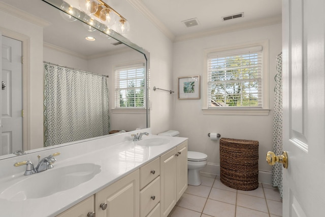 403 Butterfly Ct, Franklin, TN 37069 - full bath with toilet, double vanity, tile patterned flooring, ornamental molding, and a shower with shower curtain
