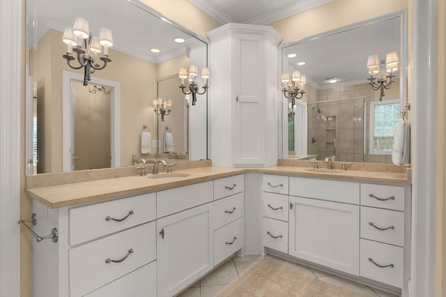 403 Butterfly Ct, Franklin, TN 37069 - full bath featuring a chandelier, a stall shower, ornamental molding, double vanity, and tile patterned floors