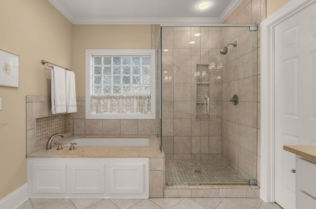 403 Butterfly Ct, Franklin, TN 37069 - full bath featuring a stall shower, a garden tub, ornamental molding, tile patterned floors, and vanity