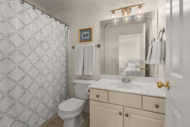 403 Butterfly Ct, Franklin, TN 37069 - ensuite bathroom featuring vanity, toilet, curtained shower, and crown molding