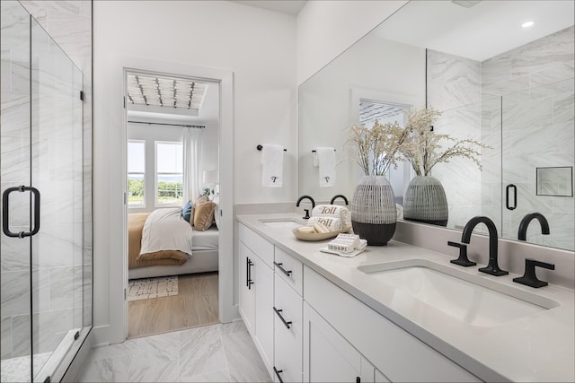 336 Hutcherson Aly, Nashville, TN 37209 - bathroom with double vanity, marble finish floors, a stall shower, and ensuite bathroom