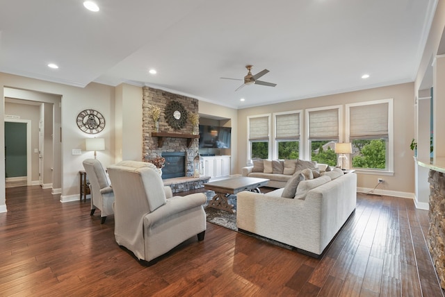 6740 Falls Ridge Ln, College Grove, TN 37046 - living room with a fireplace, a ceiling fan, crown molding, dark wood-style floors, and baseboards