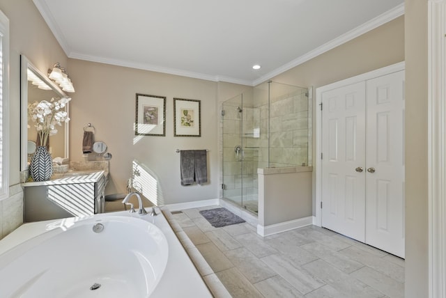 6740 Falls Ridge Ln, College Grove, TN 37046 - full bathroom featuring a stall shower, a bath, crown molding, recessed lighting, and baseboards