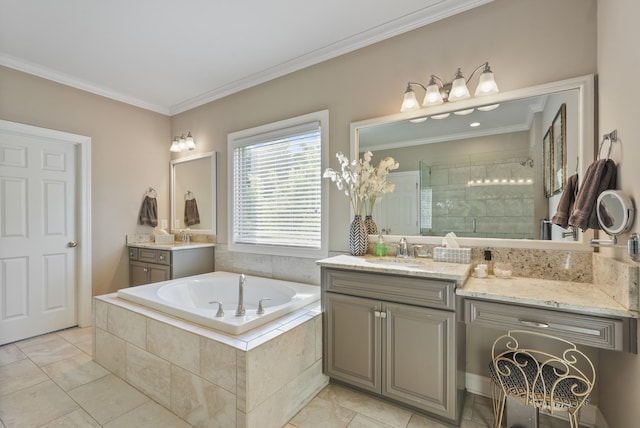6740 Falls Ridge Ln, College Grove, TN 37046 - full bathroom with two vanities, a tile shower, a bath, ornamental molding, and tile patterned flooring