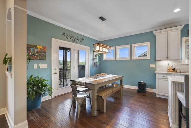 6740 Falls Ridge Ln, College Grove, TN 37046 - dining room featuring a chandelier, dark wood-style flooring, baseboards, crown molding, and recessed lighting