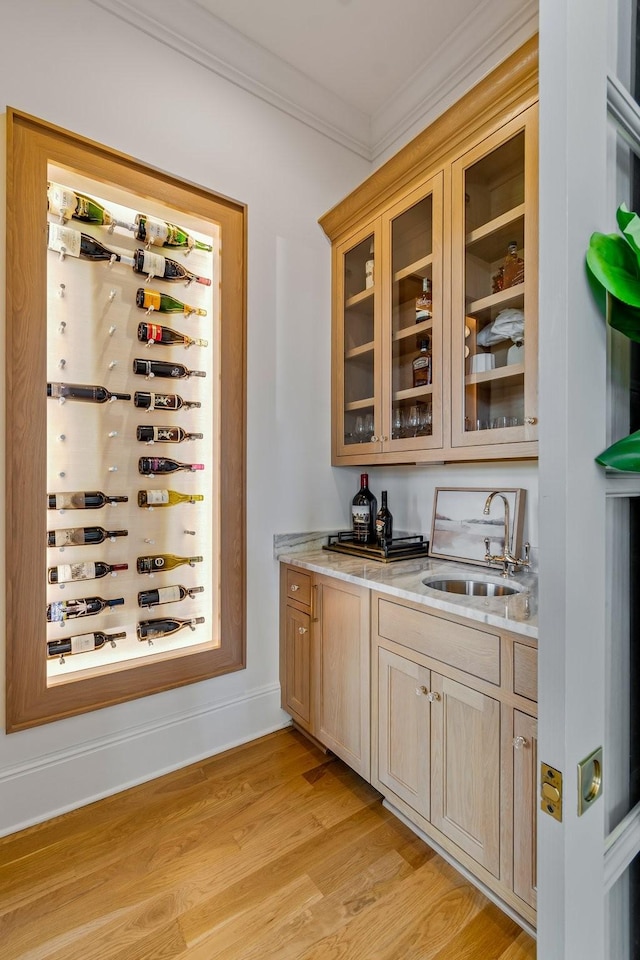 7212 Shagbark Ln, College Grove, TN 37046 - bar area with a sink, light wood-style floors, and ornamental molding