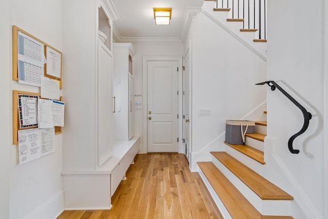 7212 Shagbark Ln, College Grove, TN 37046 - mudroom featuring light wood-type flooring, ornamental molding, and baseboards