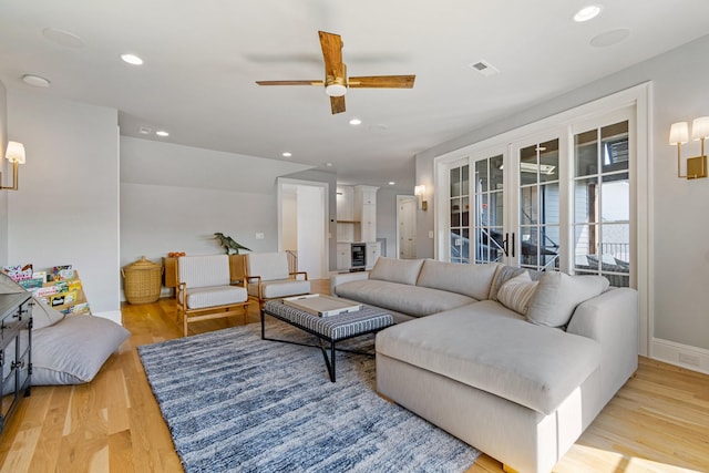 7212 Shagbark Ln, College Grove, TN 37046 - living room with a ceiling fan, light wood-type flooring, and recessed lighting