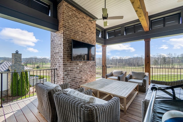 7212 Shagbark Ln, College Grove, TN 37046 - wooden deck featuring an outdoor hangout area and ceiling fan
