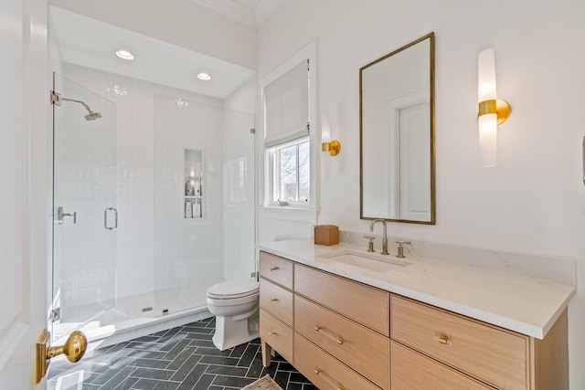 7212 Shagbark Ln, College Grove, TN 37046 - full bath featuring vanity, a stall shower, toilet, recessed lighting, and ornamental molding