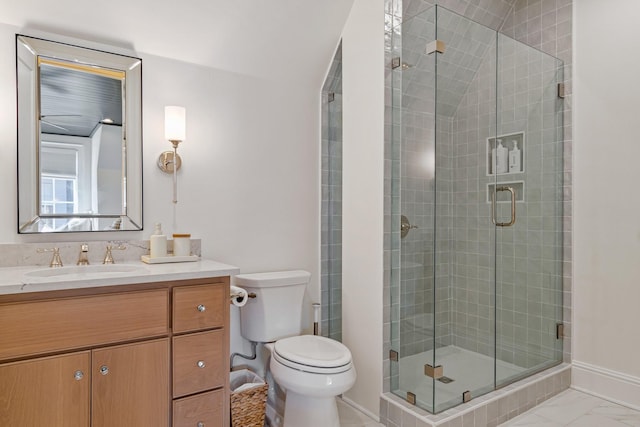 7212 Shagbark Ln, College Grove, TN 37046 - bathroom featuring toilet, vanity, marble finish flooring, and a shower stall
