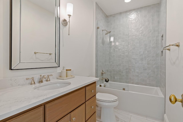 7212 Shagbark Ln, College Grove, TN 37046 - bathroom featuring vanity, toilet, shower / bath combination, marble look tile flooring, and recessed lighting