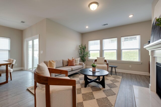1207 Bridgett Way, Mount Juliet, TN 37122 - living area featuring light wood-type flooring, baseboards, a fireplace with flush hearth, and recessed lighting