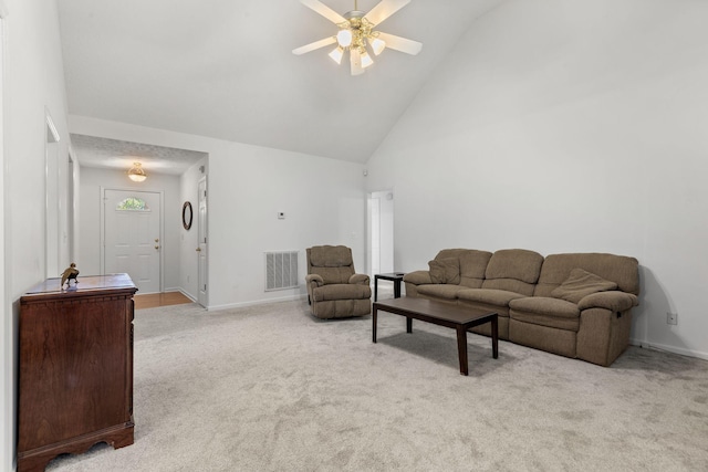 2707 Comer Dr, Murfreesboro, TN 37128 - living room with light colored carpet, high vaulted ceiling, baseboards, and ceiling fan