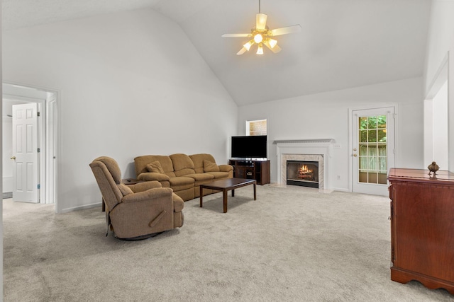 2707 Comer Dr, Murfreesboro, TN 37128 - living room with high vaulted ceiling, a ceiling fan, light colored carpet, a fireplace, and baseboards