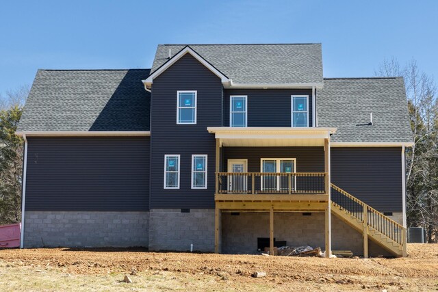 5580 Chambers Rd, Cumberland Furnace, TN 37051 - rear view of house with a shingled roof, central AC unit, stairway, and a deck