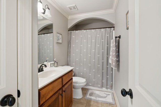 4181 Miles Johnson Pkwy, Spring Hill, TN 37174 - bathroom featuring toilet, crown molding, vanity, tile patterned floors, and a shower with shower curtain