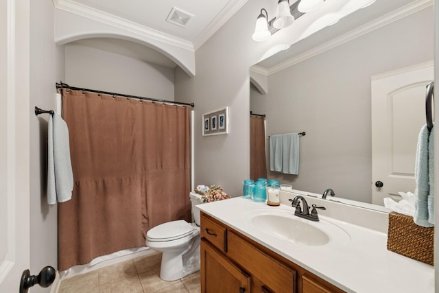 4181 Miles Johnson Pkwy, Spring Hill, TN 37174 - bathroom featuring vanity, toilet, tile patterned floors, ornamental molding, and a shower with shower curtain