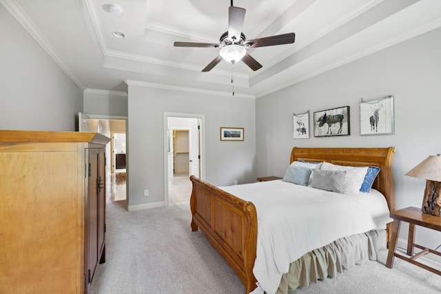 4181 Miles Johnson Pkwy, Spring Hill, TN 37174 - bedroom with a tray ceiling, light carpet, ornamental molding, baseboards, and a ceiling fan