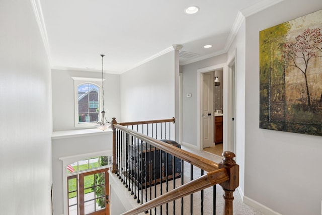 4181 Miles Johnson Pkwy, Spring Hill, TN 37174 - corridor with an upstairs landing, ornamental molding, baseboards, recessed lighting, and a chandelier