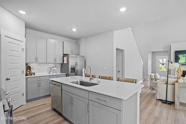 324 Gulfstream Dr, Gallatin, TN 37066 - kitchen featuring a sink, appliances with stainless steel finishes, gray cabinetry, light countertops, and tasteful backsplash