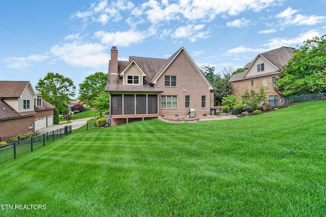 550 Stone Villa Ln, Knoxville, TN 37934 - back of house featuring a sunroom, a chimney, and brick siding