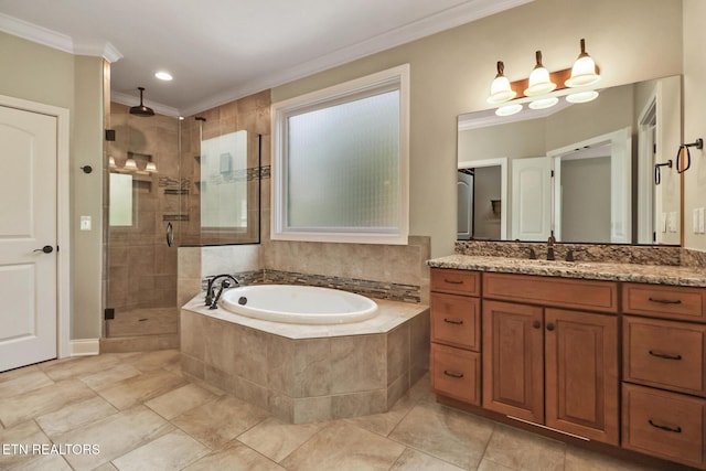 550 Stone Villa Ln, Knoxville, TN 37934 - full bath featuring ornamental molding, a stall shower, vanity, a bath, and recessed lighting