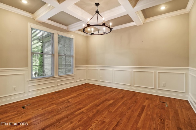 550 Stone Villa Ln, Knoxville, TN 37934 - spare room with a chandelier, beamed ceiling, coffered ceiling, a wainscoted wall, and dark wood-type flooring