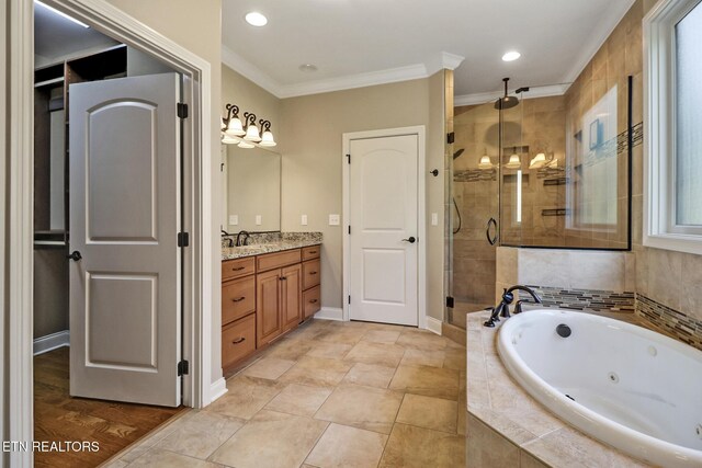 550 Stone Villa Ln, Knoxville, TN 37934 - bathroom featuring a stall shower, vanity, a whirlpool tub, crown molding, and baseboards