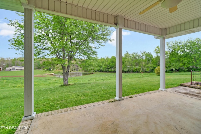 1396 N York Hwy Unit 1396, Jamestown, TN 38556 - view of patio featuring a water view, ceiling fan, and view of wooded area