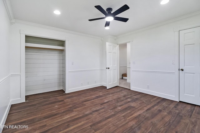 1128 Allardt Hwy, Jamestown, TN 38556 - unfurnished bedroom with crown molding, dark wood-type flooring, recessed lighting, baseboards, and ceiling fan