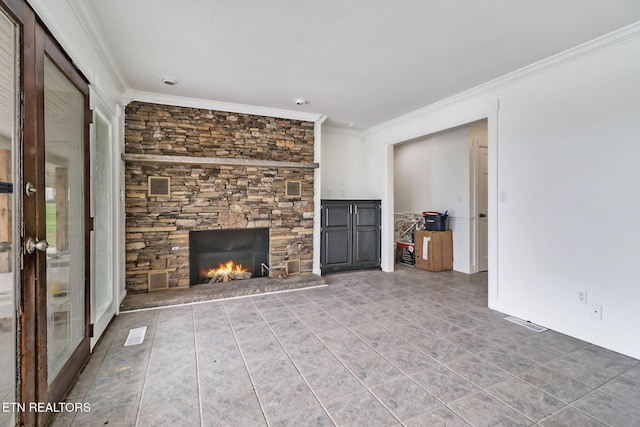1128 Allardt Hwy, Jamestown, TN 38556 - unfurnished living room with ornamental molding, tile patterned flooring, and a stone fireplace
