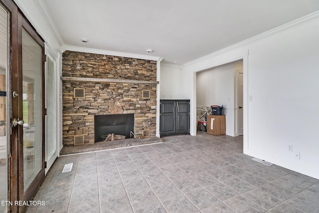1128 Allardt Hwy, Jamestown, TN 38556 - unfurnished living room featuring crown molding, a fireplace, and tile patterned flooring