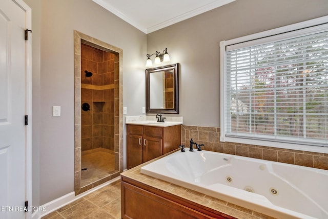 5424 Wilder Rd, Grimsley, TN 38565 - bathroom featuring a whirlpool tub, tiled shower, ornamental molding, plenty of natural light, and vanity