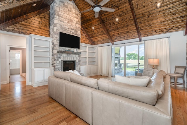 3013 Berry Patch Trl, Rockvale, TN 37153 - living area with wood ceiling with exposed beams, high vaulted ceiling, a ceiling fan, a fireplace, and light wood-style floors