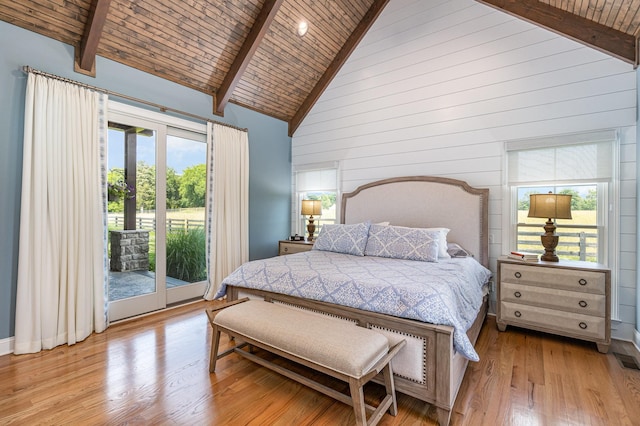 3013 Berry Patch Trl, Rockvale, TN 37153 - bedroom with access to outside, multiple windows, wood finished floors, wooden ceiling with exposed beams, and high vaulted ceiling