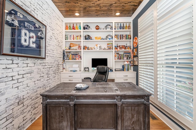 3013 Berry Patch Trl, Rockvale, TN 37153 - office with wood finished floors, brick wall, and wooden ceiling