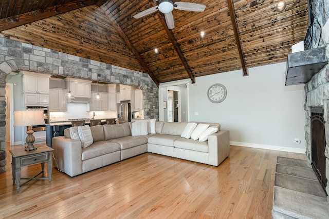 3013 Berry Patch Trl, Rockvale, TN 37153 - living room with high vaulted ceiling, wood ceiling with exposed beams, a ceiling fan, light wood-type flooring, and baseboards