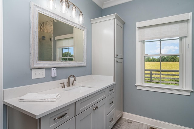 3013 Berry Patch Trl, Rockvale, TN 37153 - full bathroom with vanity, marble finish flooring, baseboards, and ornamental molding