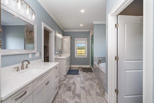 3013 Berry Patch Trl, Rockvale, TN 37153 - bathroom featuring crown molding, two vanities, a bath, a stall shower, and recessed lighting