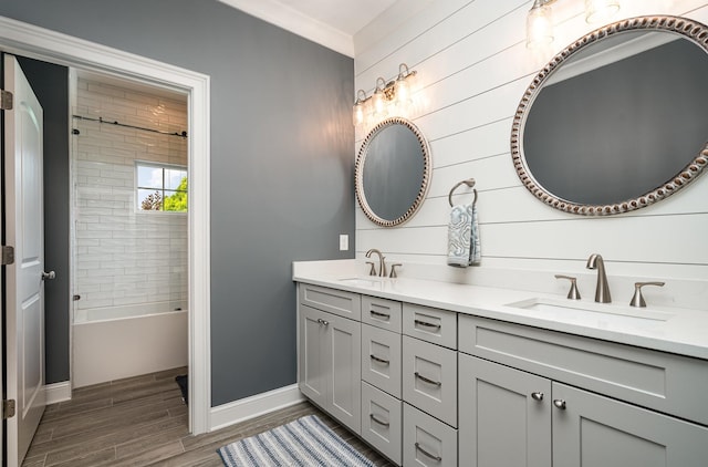 3013 Berry Patch Trl, Rockvale, TN 37153 - full bathroom with double vanity, wood finished floors, baseboards, and shower / washtub combination